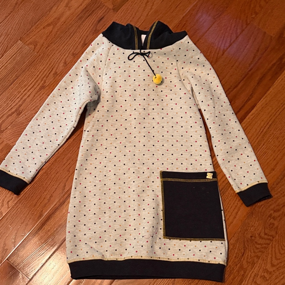 deux par deux Cream Polka Dot Hoodie Dress with Navy Pocket